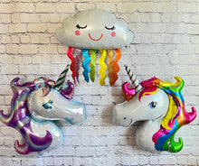 Load image into Gallery viewer, Unicorns and Rainbow Balloons JUMBO Mylar Foil Balloons Set of 3 / Birthday Party Supplies Decorations Celebration Gifts Kids Unicorn Decor