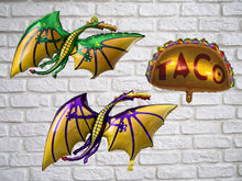 Load image into Gallery viewer, Dragons love tacos balloons for birthday parties fiestas foil balloons fire breathing dragon balloons