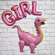 Load image into Gallery viewer, Dinosaur Balloon JUMBO Mylar Walking Foil Balloons in Pink with Girl Balloon Letters in Pink for Baby Shower or Baby Girl Gender Reveal