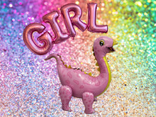 Load image into Gallery viewer, Dinosaur Balloon JUMBO Mylar Walking Foil Balloons in Pink with Girl Balloon Letters in Pink for Baby Shower or Baby Girl Gender Reveal