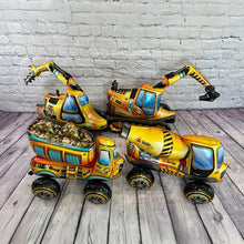 Load image into Gallery viewer, Construction Equipment and Trucks 4 PC | Kids Birthday Party Supplies and Decorations | Dump Truck Bulldozer Crane Cement Concrete Excavator