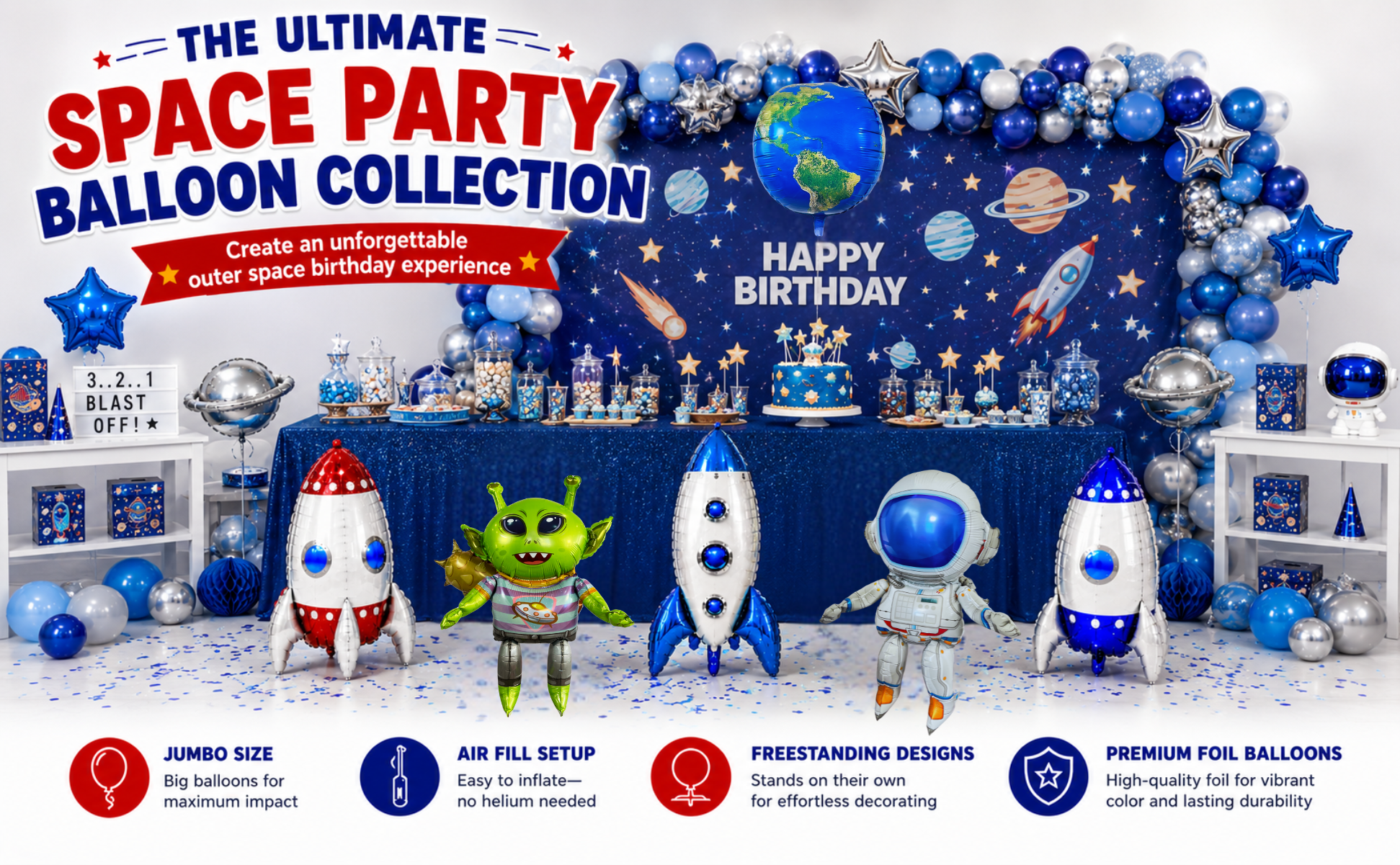 Alien & Space Balloon Set 6PC Jumbo Rocket Ship Astronaut Earth Globe Foil Balloons Outer Space Birthday Party Decorations for Kids