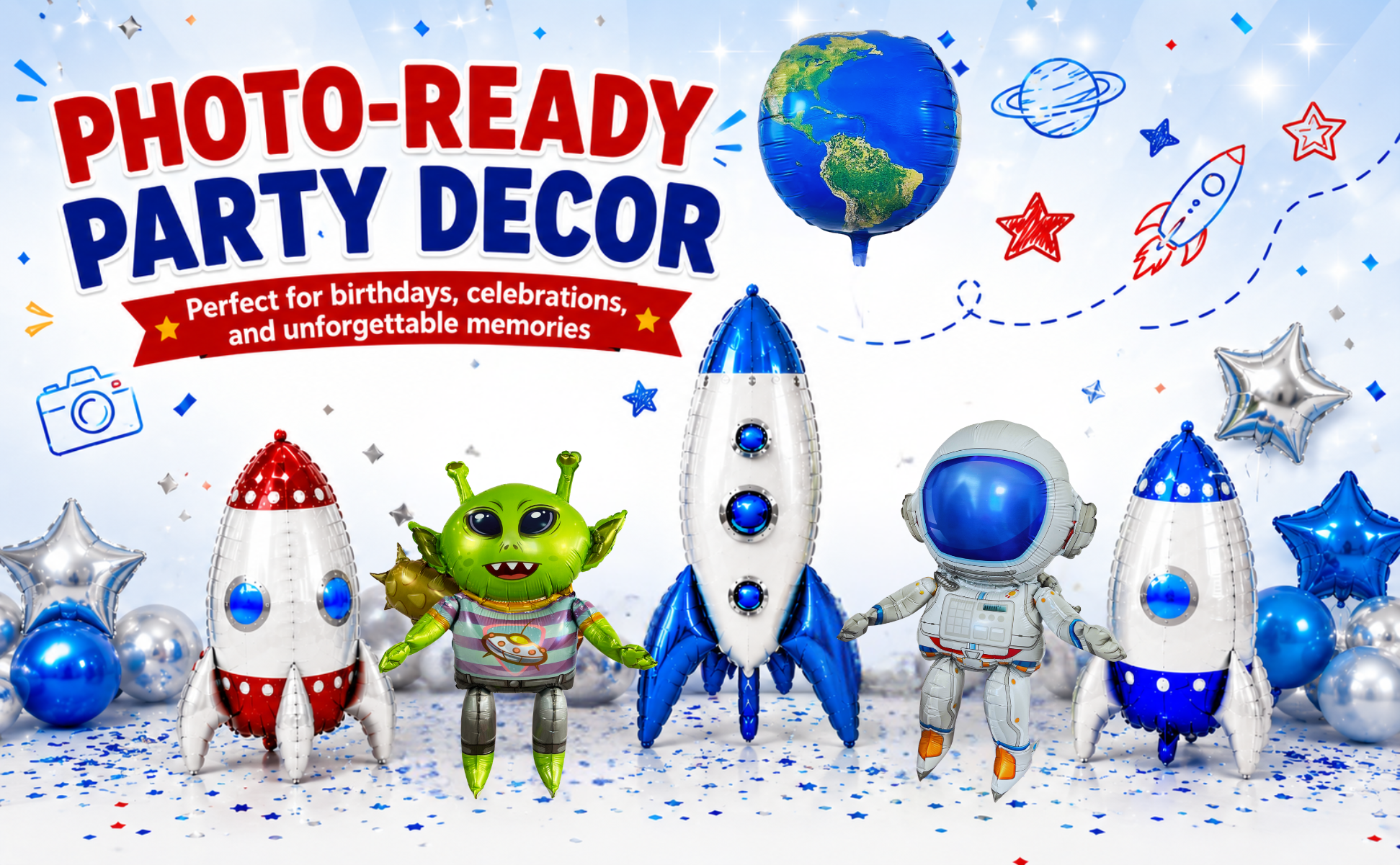 Alien & Space Balloon Set 6PC Jumbo Rocket Ship Astronaut Earth Globe Foil Balloons Outer Space Birthday Party Decorations for Kids