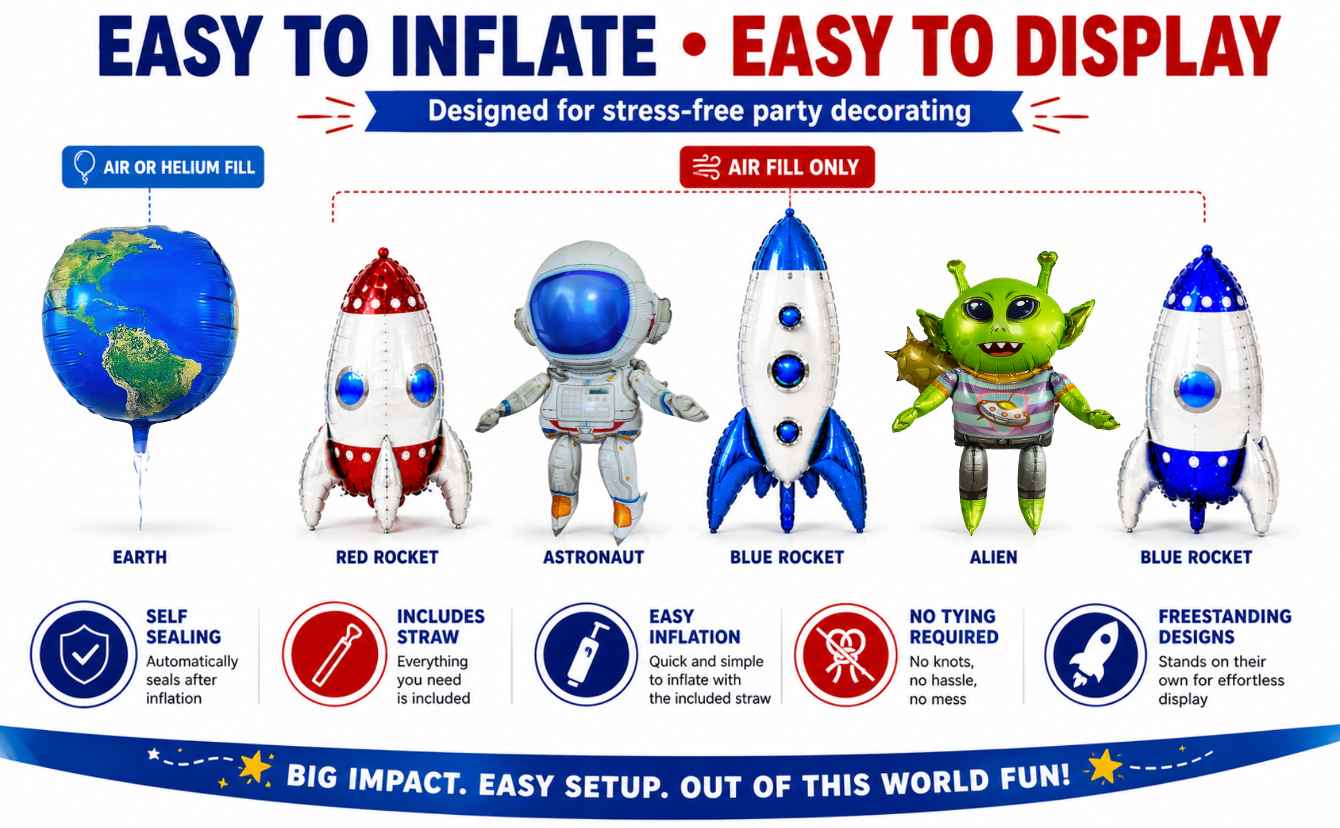 Alien & Space Balloon Set 6PC Jumbo Rocket Ship Astronaut Earth Globe Foil Balloons Outer Space Birthday Party Decorations for Kids