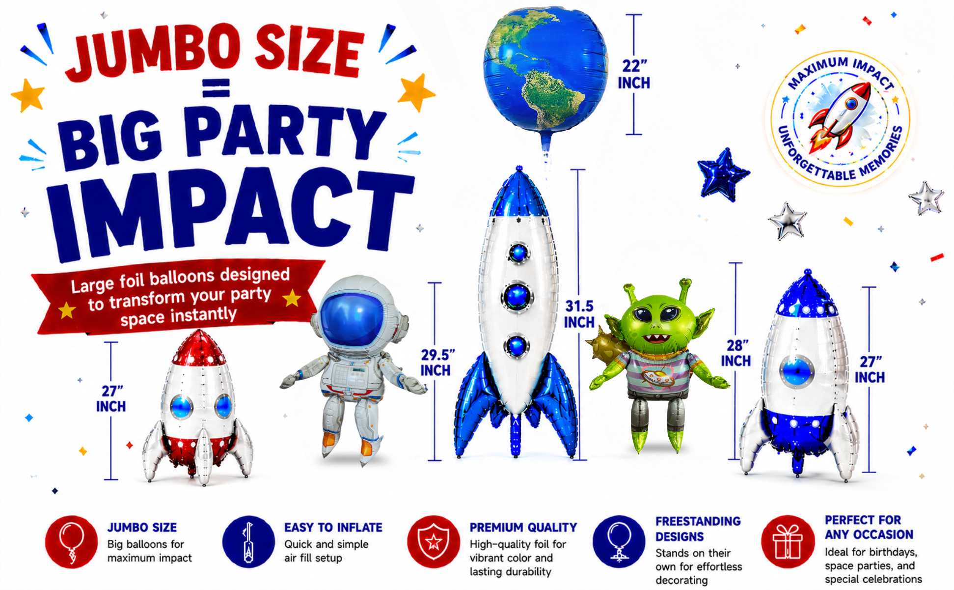Alien & Space Balloon Set 6PC Jumbo Rocket Ship Astronaut Earth Globe Foil Balloons Outer Space Birthday Party Decorations for Kids