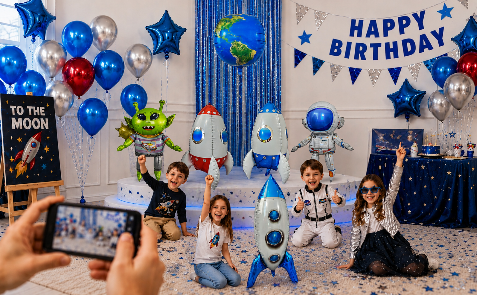 Alien & Space Balloon Set 6PC Jumbo Rocket Ship Astronaut Earth Globe Foil Balloons Outer Space Birthday Party Decorations for Kids