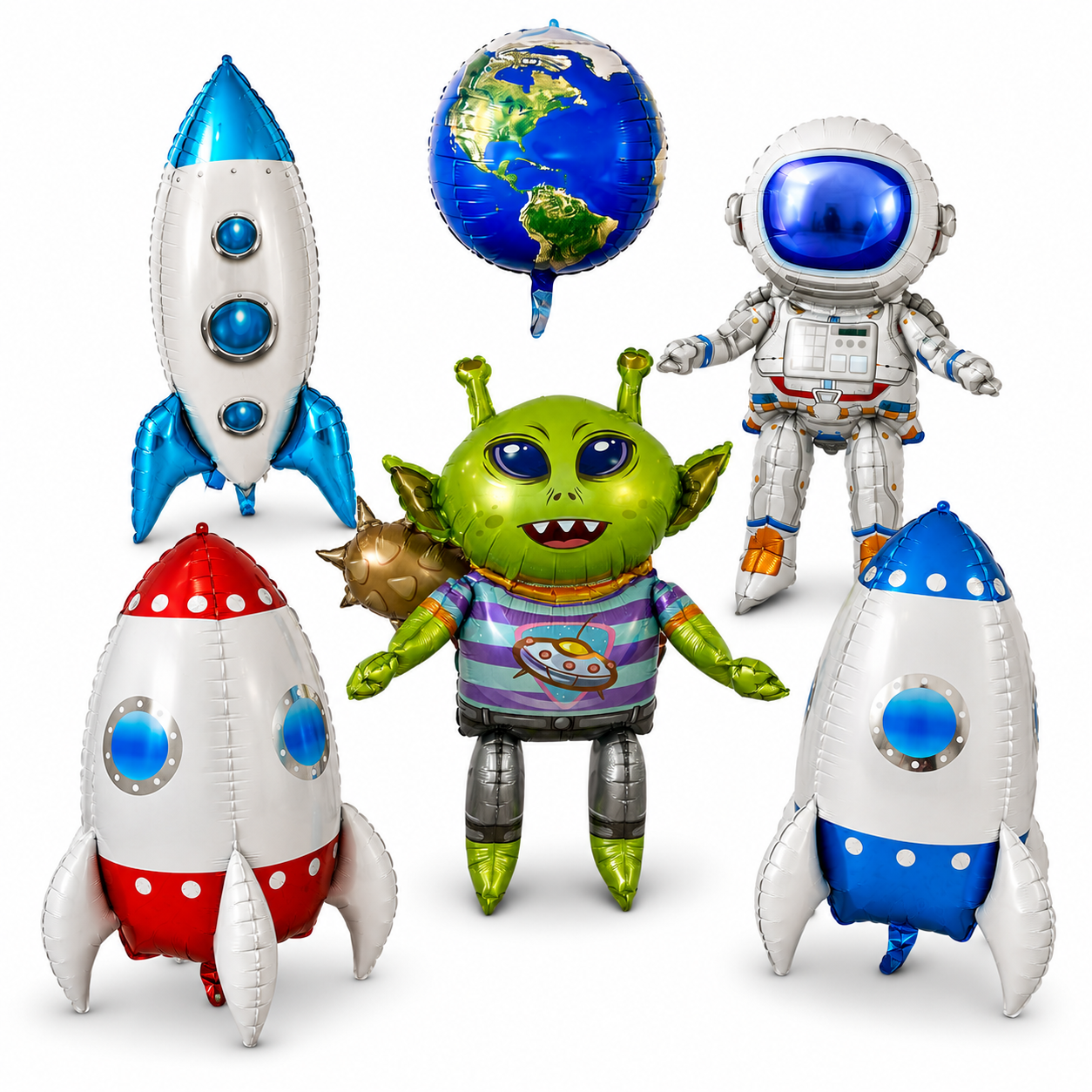 Alien & Space Balloon Set 6PC Jumbo Rocket Ship Astronaut Earth Globe Foil Balloons Outer Space Birthday Party Decorations for Kids