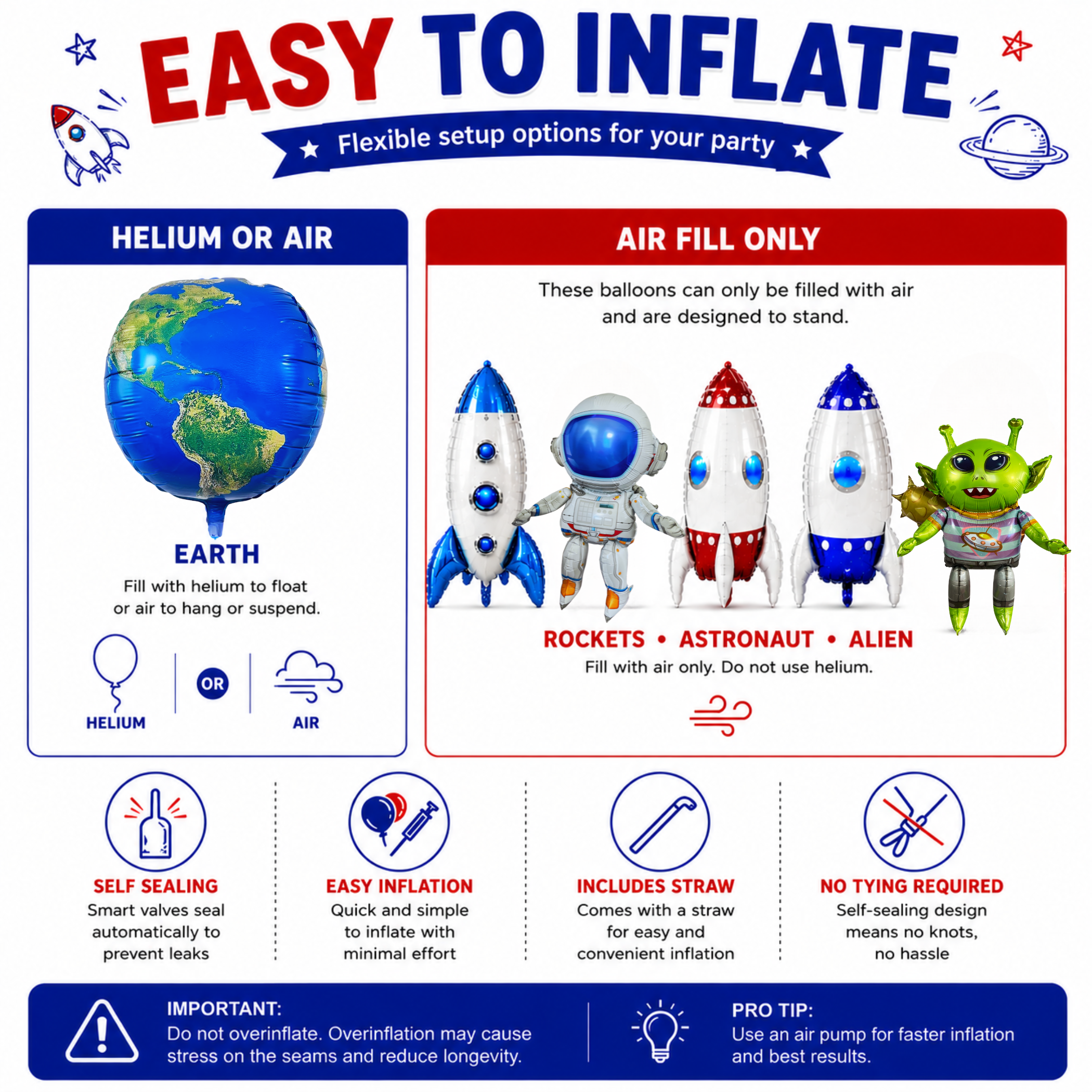 Alien & Space Balloon Set 6PC Jumbo Rocket Ship Astronaut Earth Globe Foil Balloons Outer Space Birthday Party Decorations for Kids