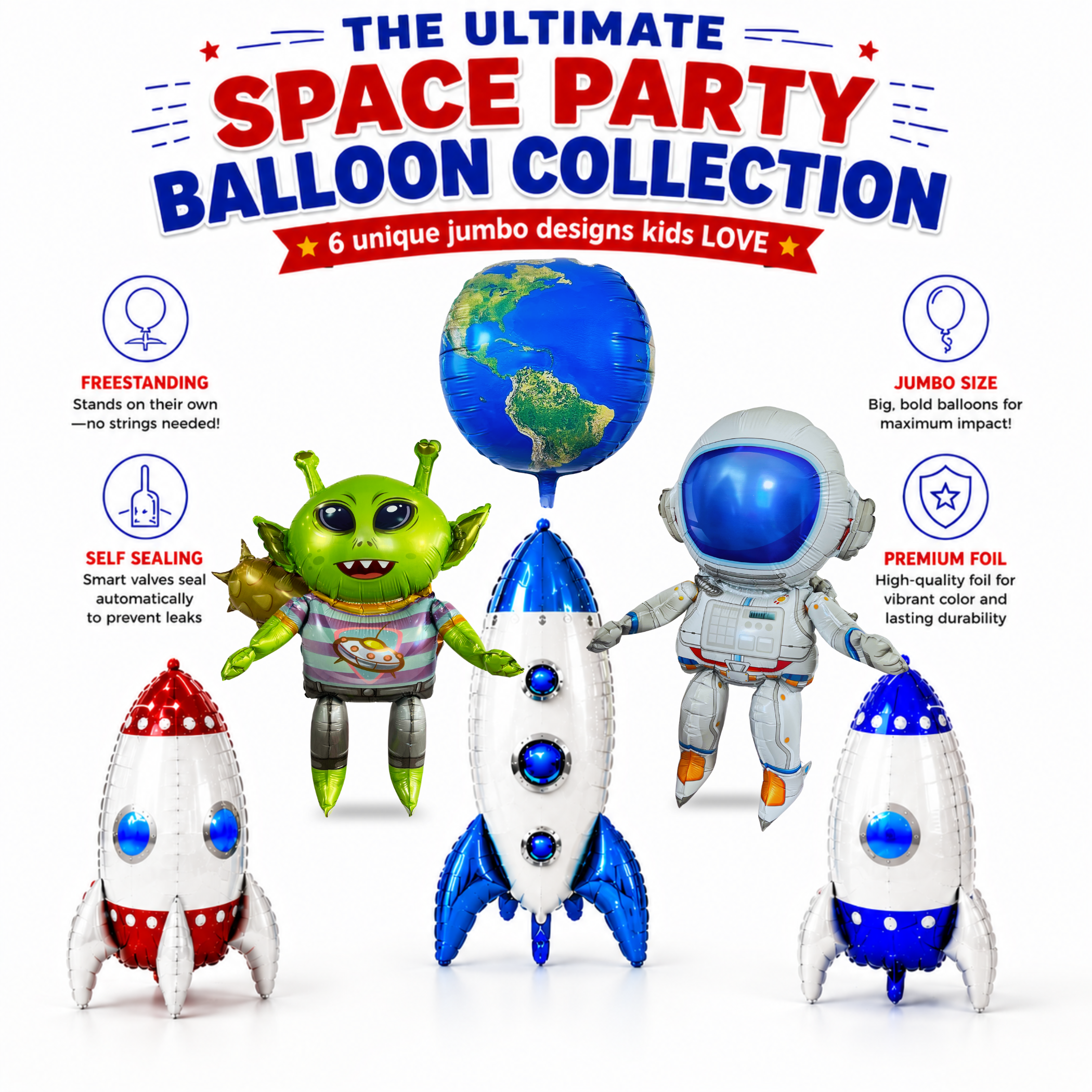 Alien & Space Balloon Set 6PC Jumbo Rocket Ship Astronaut Earth Globe Foil Balloons Outer Space Birthday Party Decorations for Kids