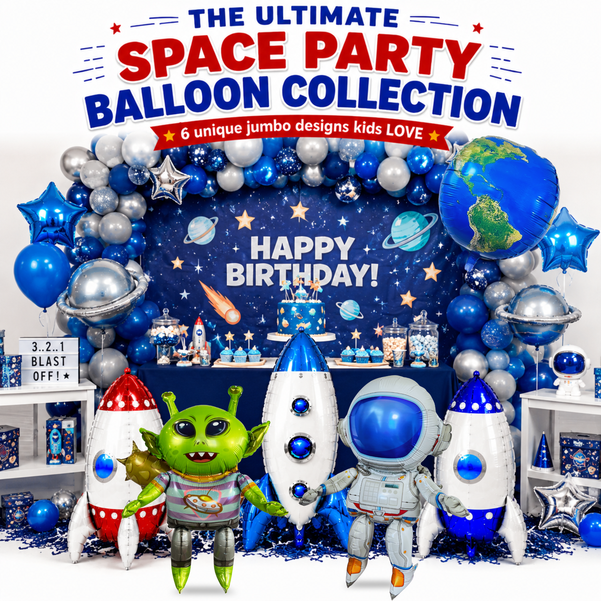 Alien & Space Balloon Set 6PC Jumbo Rocket Ship Astronaut Earth Globe Foil Balloons Outer Space Birthday Party Decorations for Kids