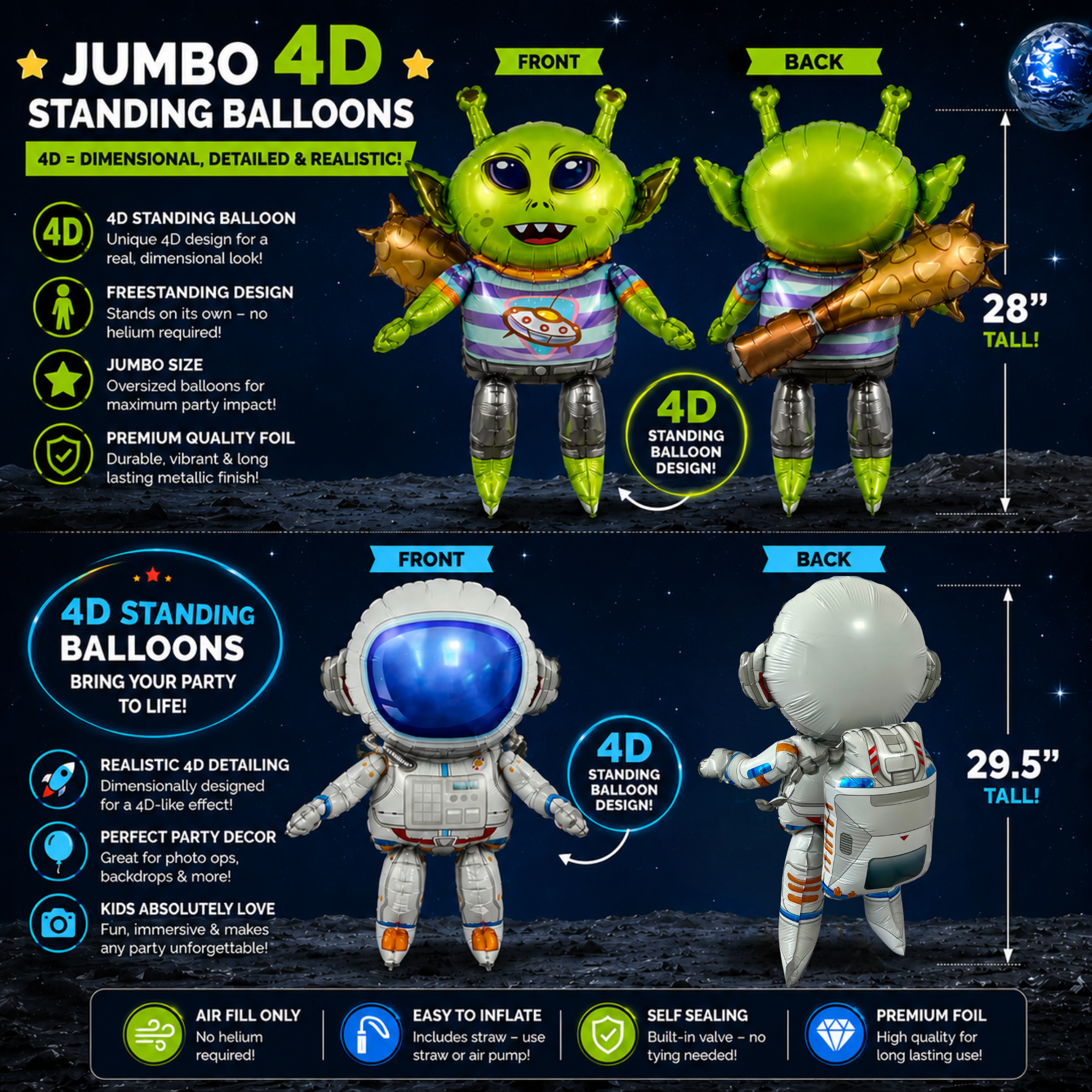 Alien & Space Balloon Set 6PC Jumbo Rocket Ship Astronaut Earth Globe Foil Balloons Outer Space Birthday Party Decorations for Kids