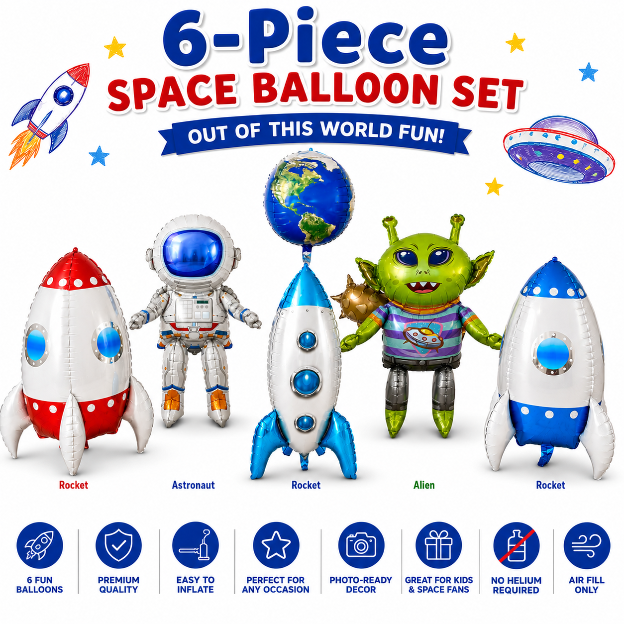 Alien & Space Balloon Set 6PC Jumbo Rocket Ship Astronaut Earth Globe Foil Balloons Outer Space Birthday Party Decorations for Kids