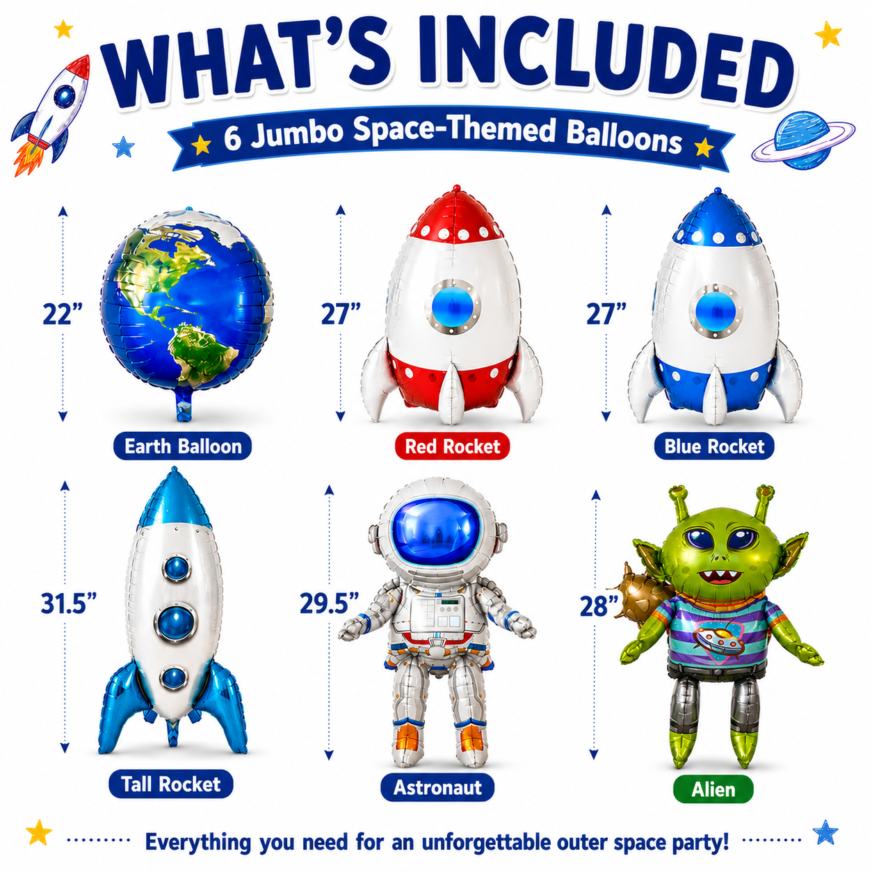 Alien & Space Balloon Set 6PC Jumbo Rocket Ship Astronaut Earth Globe Foil Balloons Outer Space Birthday Party Decorations for Kids
