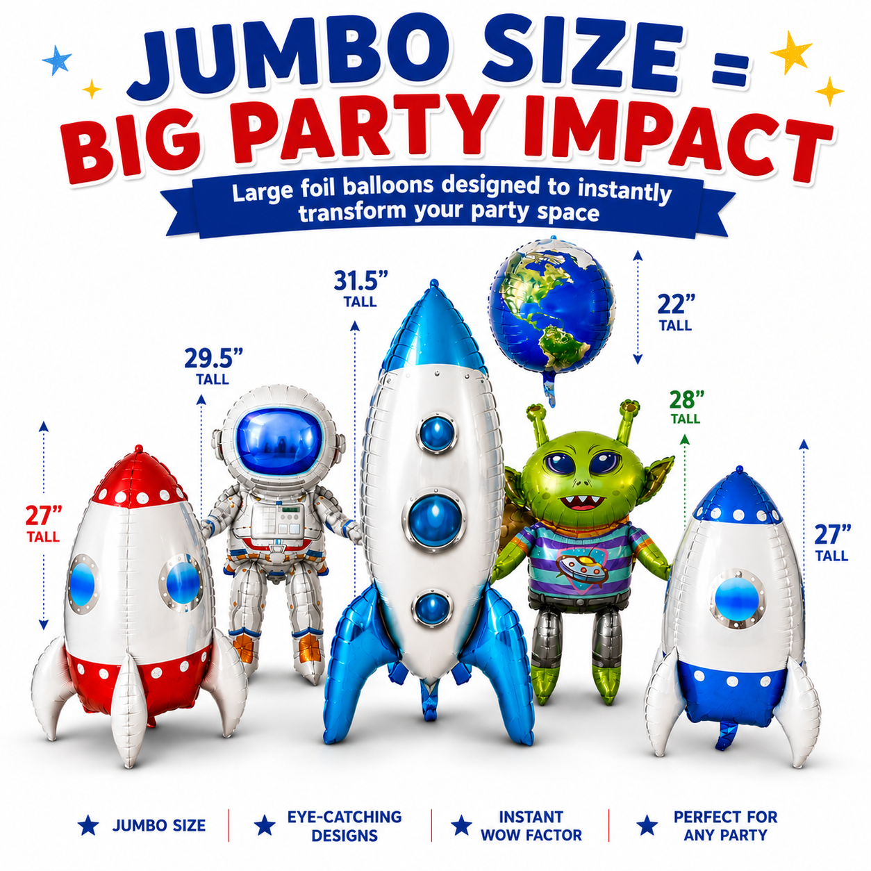Alien & Space Balloon Set 6PC Jumbo Rocket Ship Astronaut Earth Globe Foil Balloons Outer Space Birthday Party Decorations for Kids