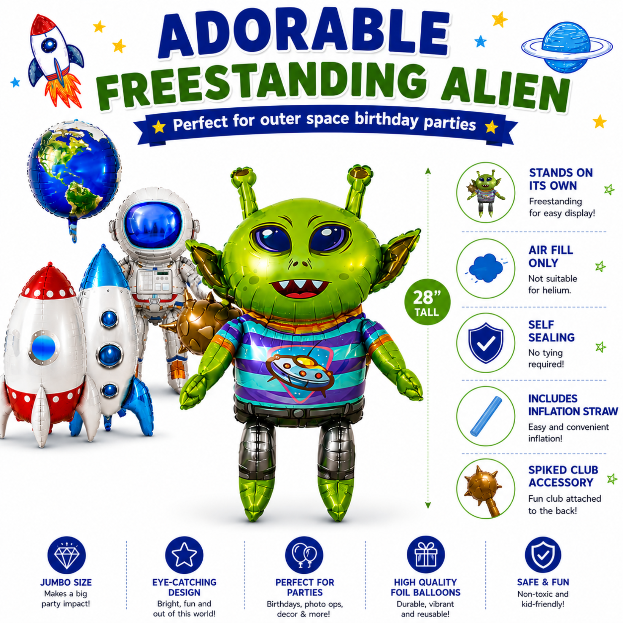 Alien & Space Balloon Set 6PC Jumbo Rocket Ship Astronaut Earth Globe Foil Balloons Outer Space Birthday Party Decorations for Kids