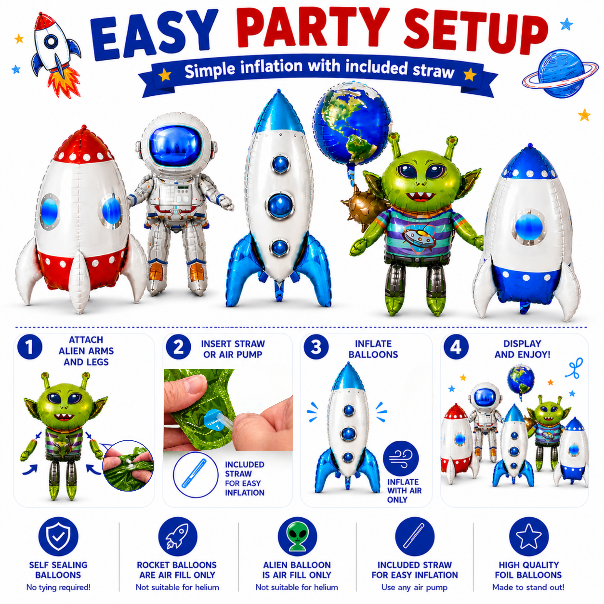 Alien & Space Balloon Set 6PC Jumbo Rocket Ship Astronaut Earth Globe Foil Balloons Outer Space Birthday Party Decorations for Kids