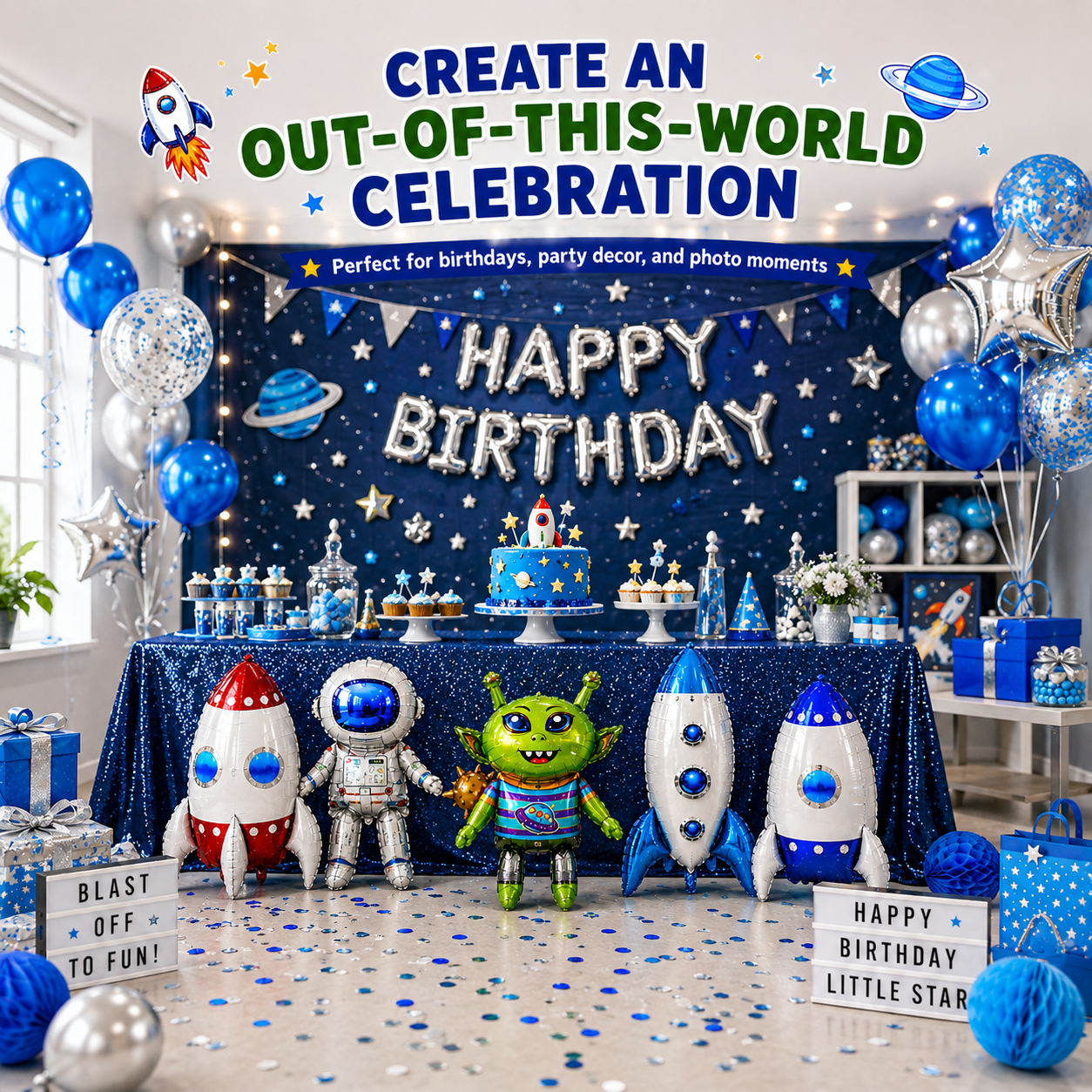 Alien & Space Balloon Set 6PC Jumbo Rocket Ship Astronaut Earth Globe Foil Balloons Outer Space Birthday Party Decorations for Kids