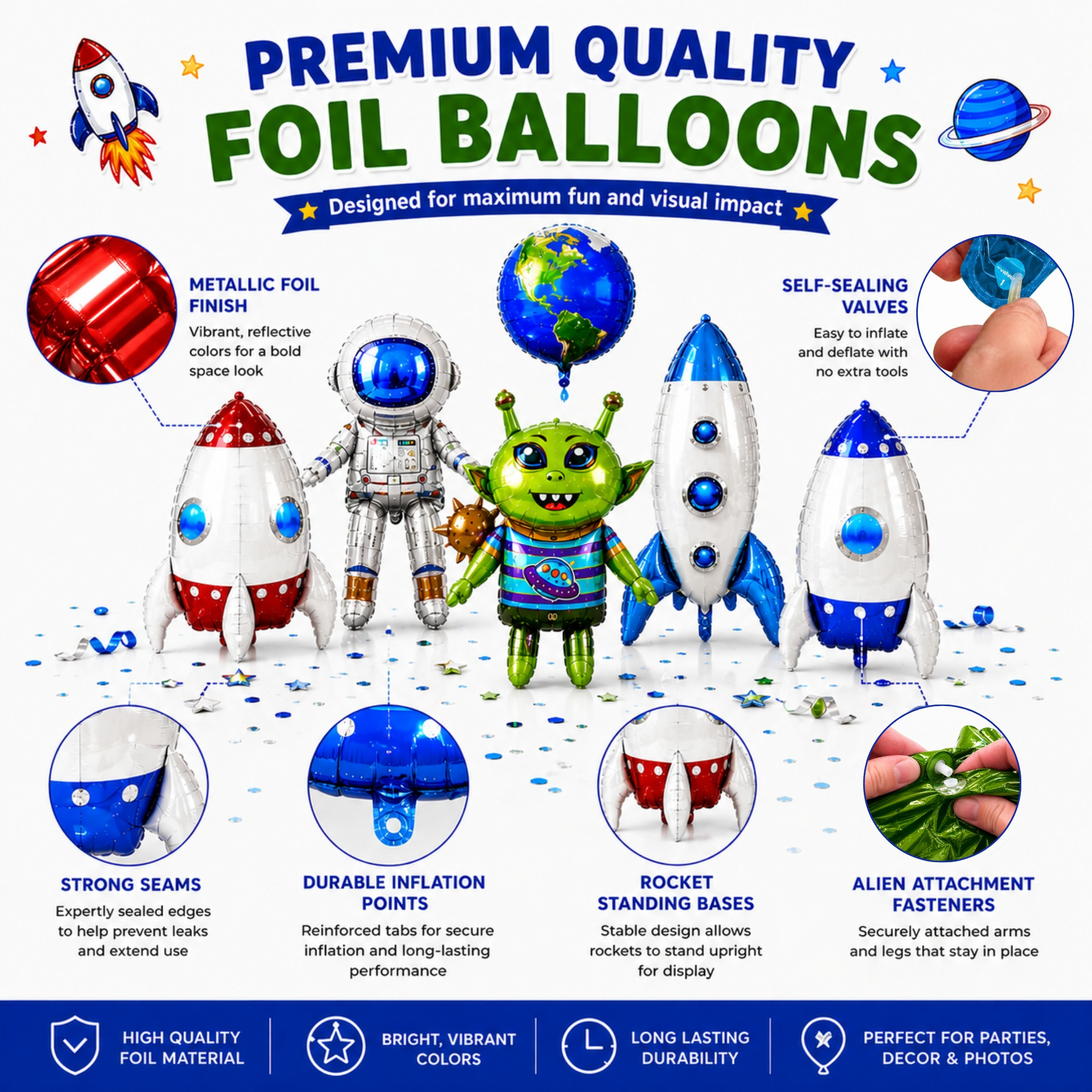 Alien & Space Balloon Set 6PC Jumbo Rocket Ship Astronaut Earth Globe Foil Balloons Outer Space Birthday Party Decorations for Kids