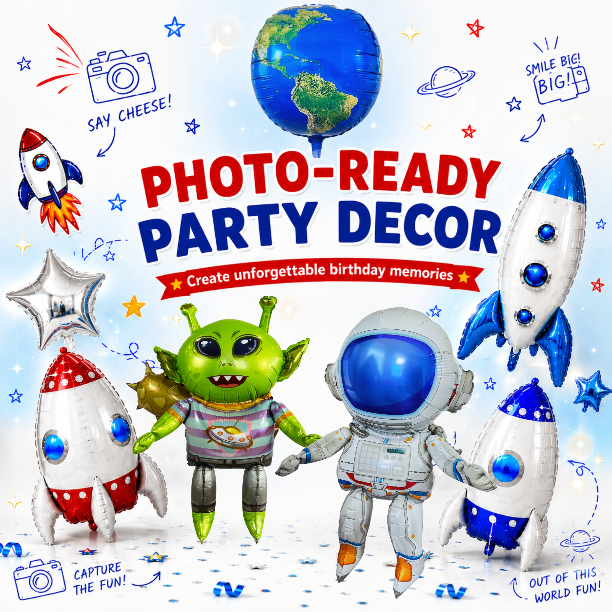 Alien & Space Balloon Set 6PC Jumbo Rocket Ship Astronaut Earth Globe Foil Balloons Outer Space Birthday Party Decorations for Kids