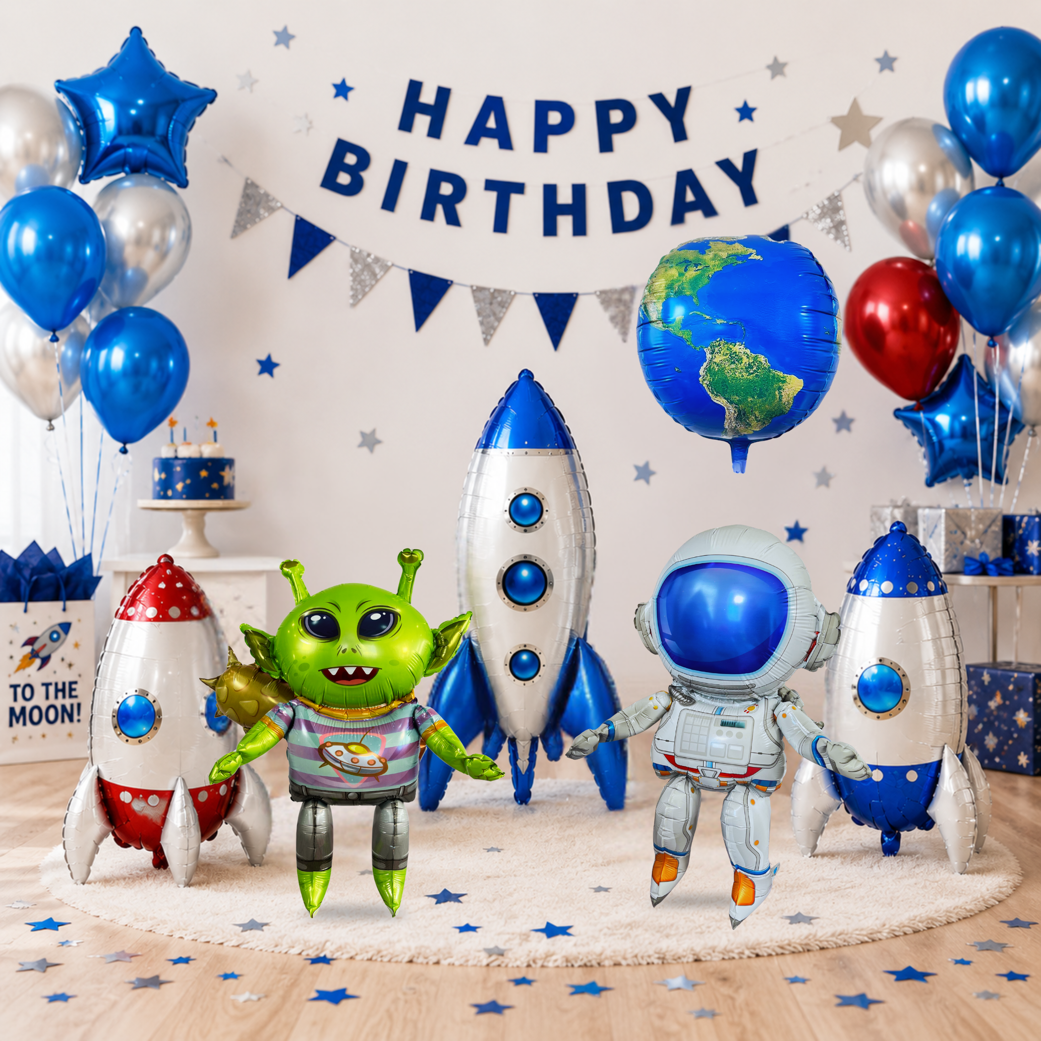Alien & Space Balloon Set 6PC Jumbo Rocket Ship Astronaut Earth Globe Foil Balloons Outer Space Birthday Party Decorations for Kids