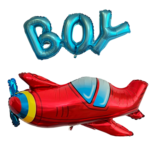 Airplane Gender Reveal Balloons – Blue & Red Foil (2-Piece Set)