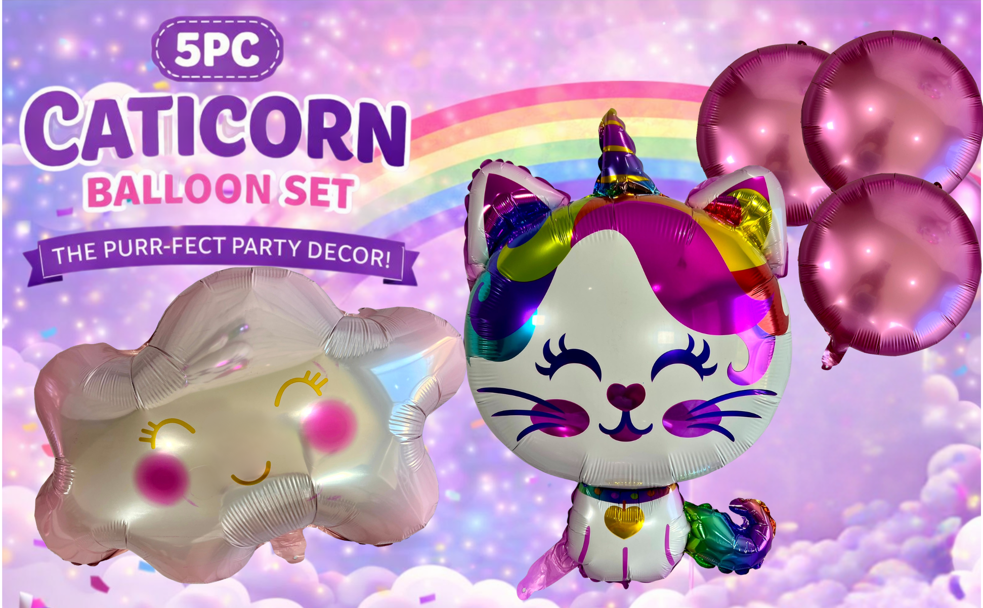 Caticorn Balloon Set – Unicorn Kitty Party Decor (5-Piece Set)
