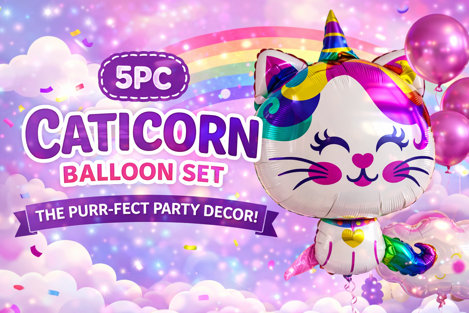 Caticorn Balloon Set – Unicorn Kitty Party Decor (5-Piece Set)