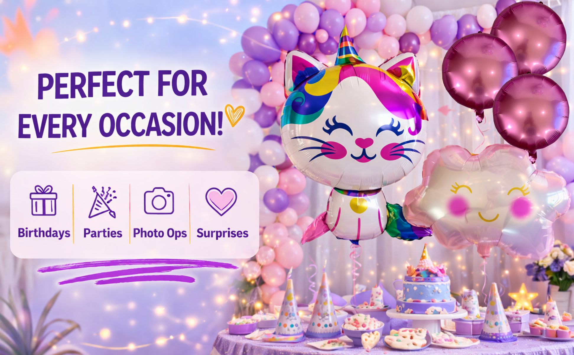 Caticorn Balloon Set – Unicorn Kitty Party Decor (5-Piece Set)