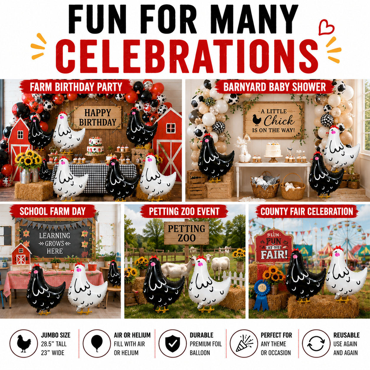 Jumbo Chicken Balloon Set | 8 Piece Farm Birthday Party Decorations