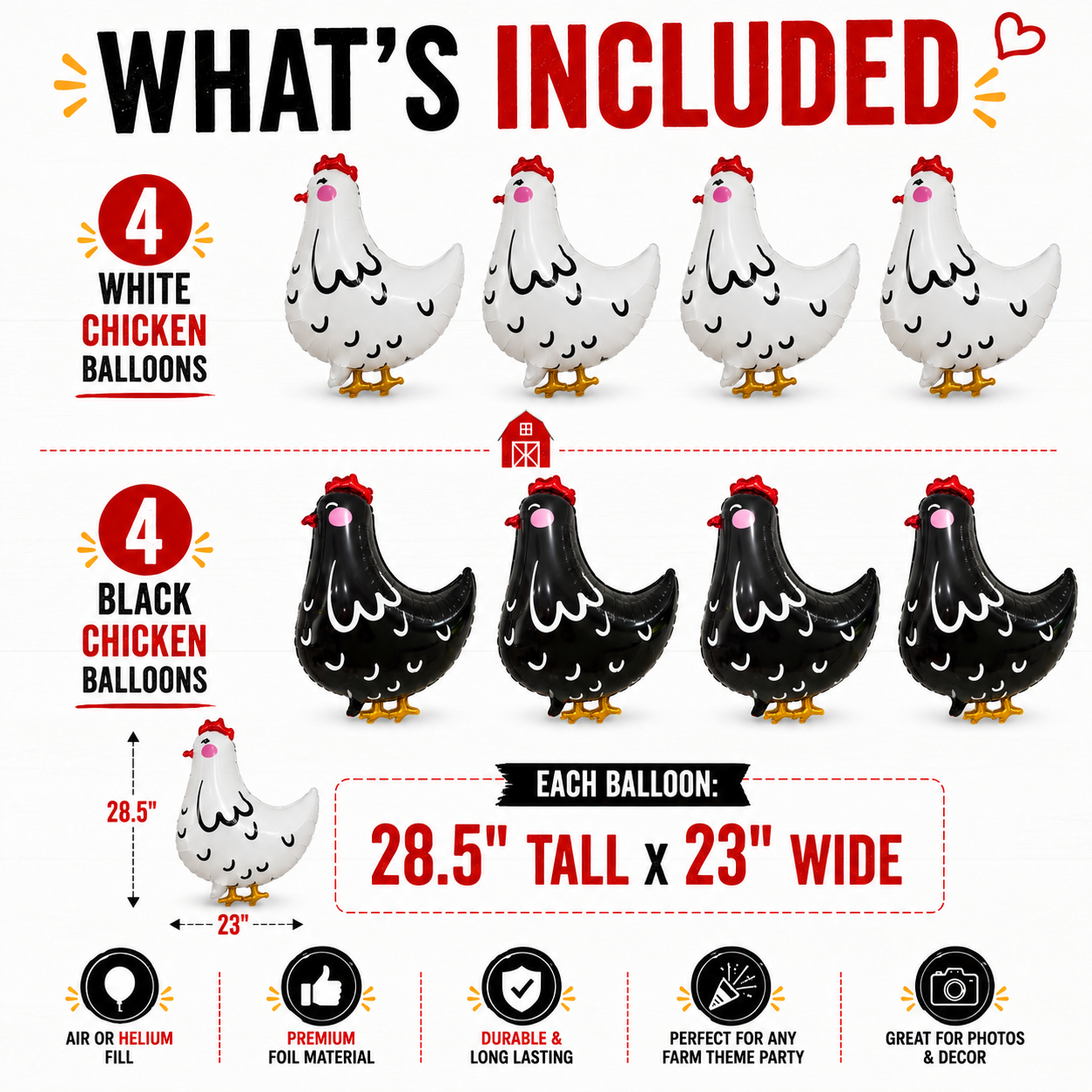 Jumbo Chicken Balloon Set | 8 Piece Farm Birthday Party Decorations