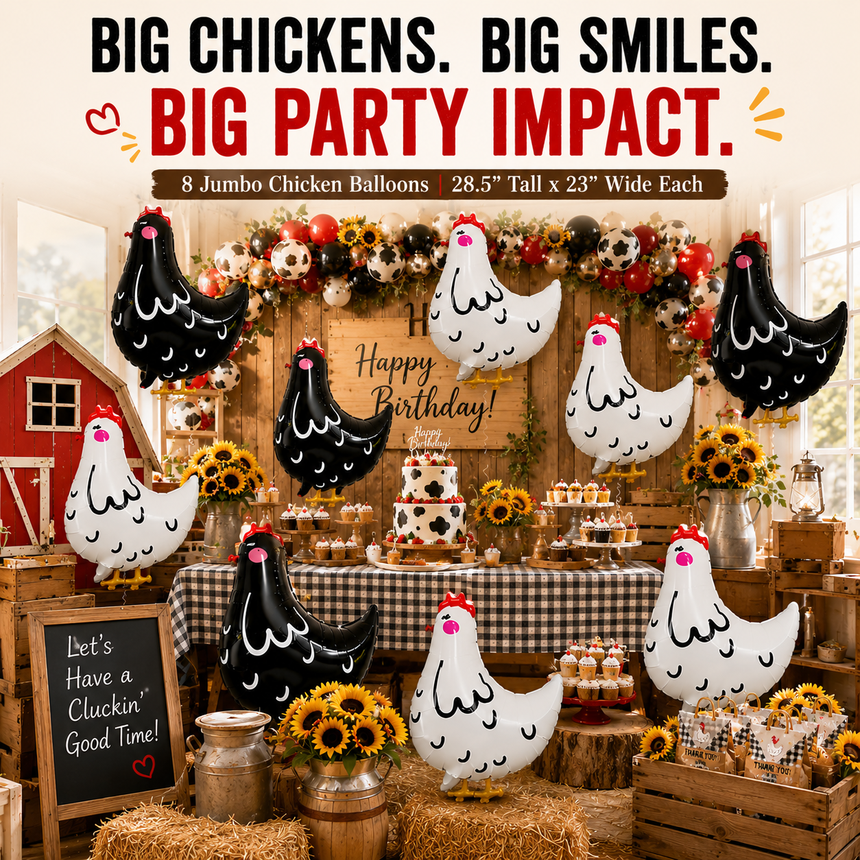 Jumbo Chicken Balloon Set | 8 Piece Farm Birthday Party Decorations