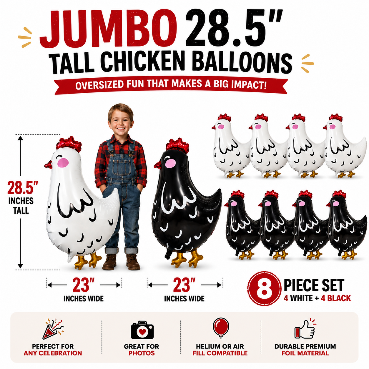 Jumbo Chicken Balloon Set | 8 Piece Farm Birthday Party Decorations
