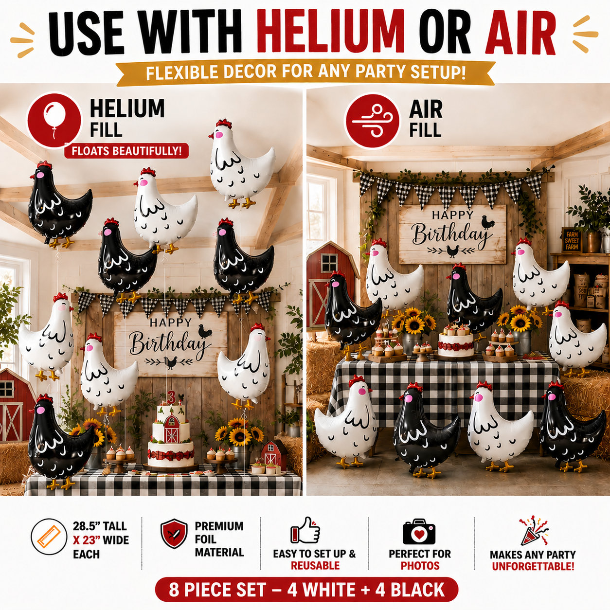 Jumbo Chicken Balloon Set | 8 Piece Farm Birthday Party Decorations