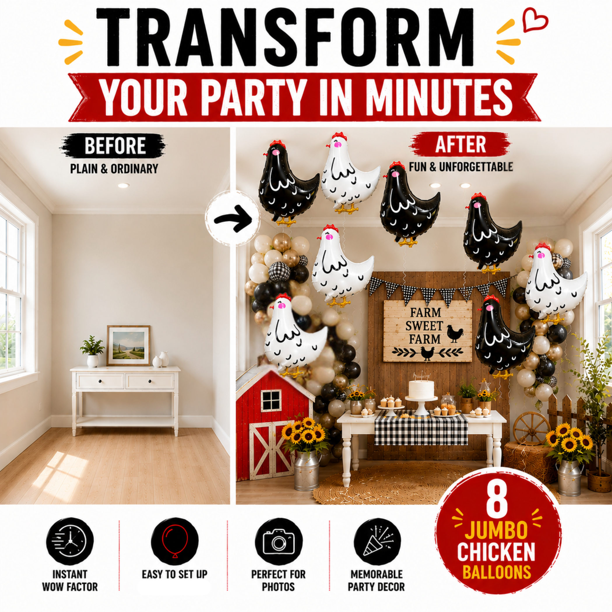 Jumbo Chicken Balloon Set | 8 Piece Farm Birthday Party Decorations