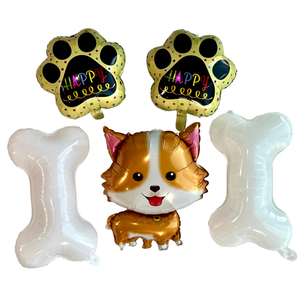 Corgi Dog Bone & Paw Print Balloon Set – Party Decor (5-Piece Set)