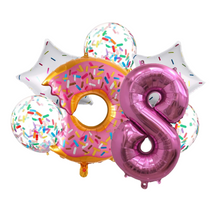 Load image into Gallery viewer, Donut Pink Number Balloon 32&quot; Jumbo Foil and Latex Balloon Bouquet | Party Supplies and Decorations | Sweet Birthday Party Celebration Decor
