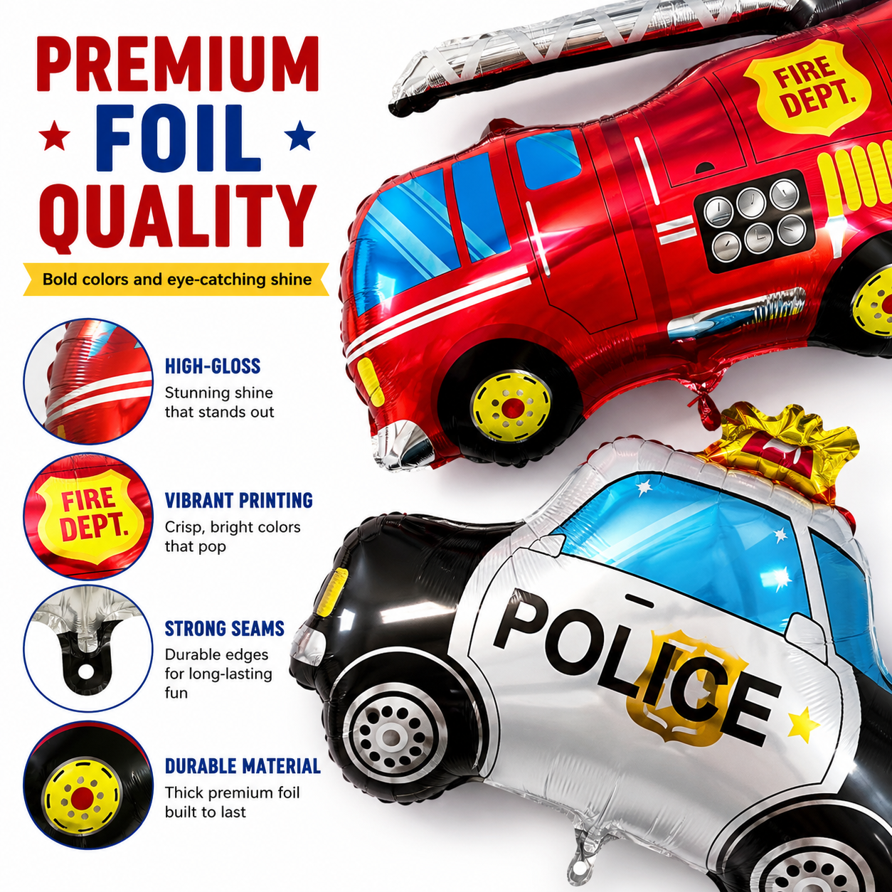 Fire Truck & Police Car Balloon Set – Foil Party Decor (3-Piece Set)