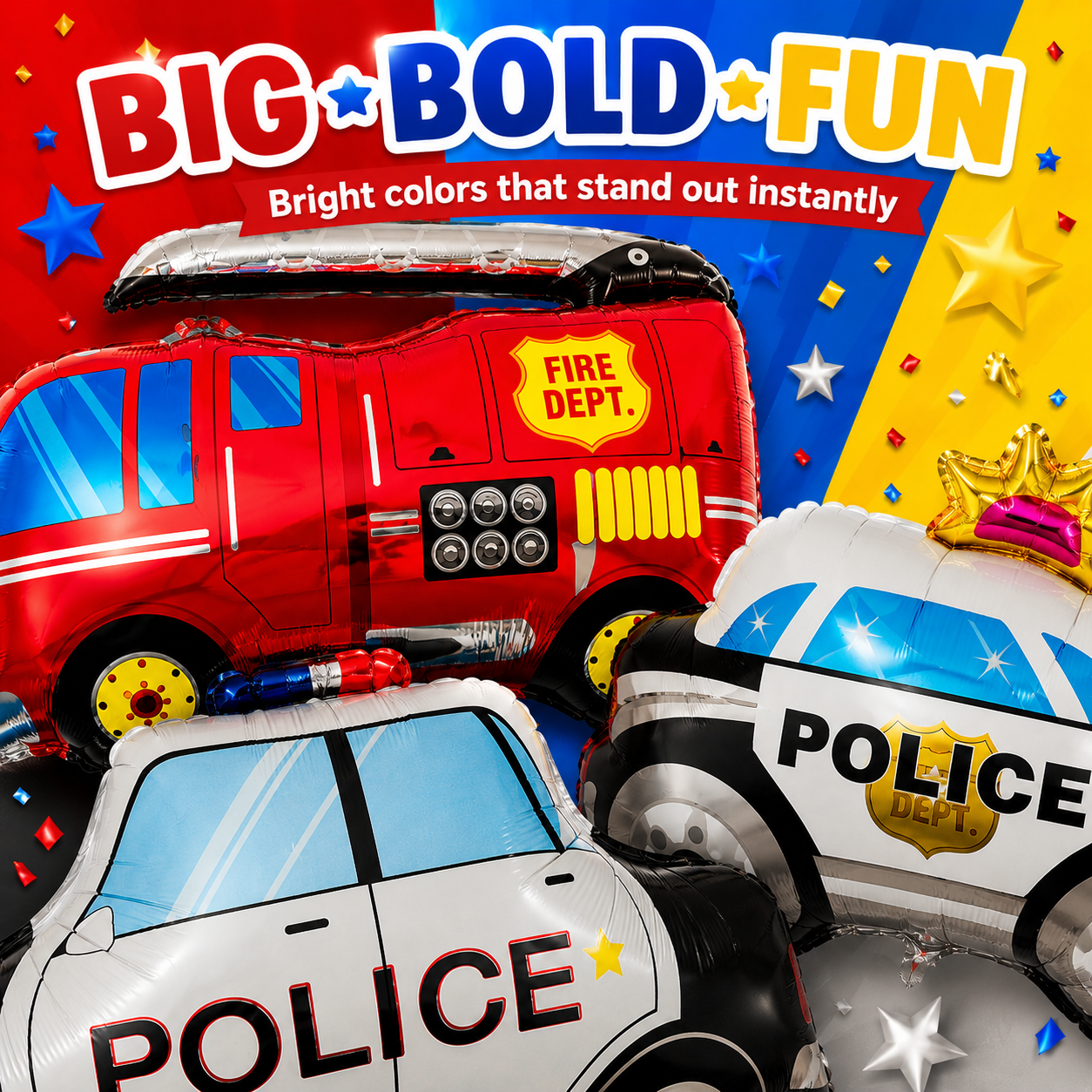 Fire Truck & Police Car Balloon Set – Foil Party Decor (3-Piece Set)