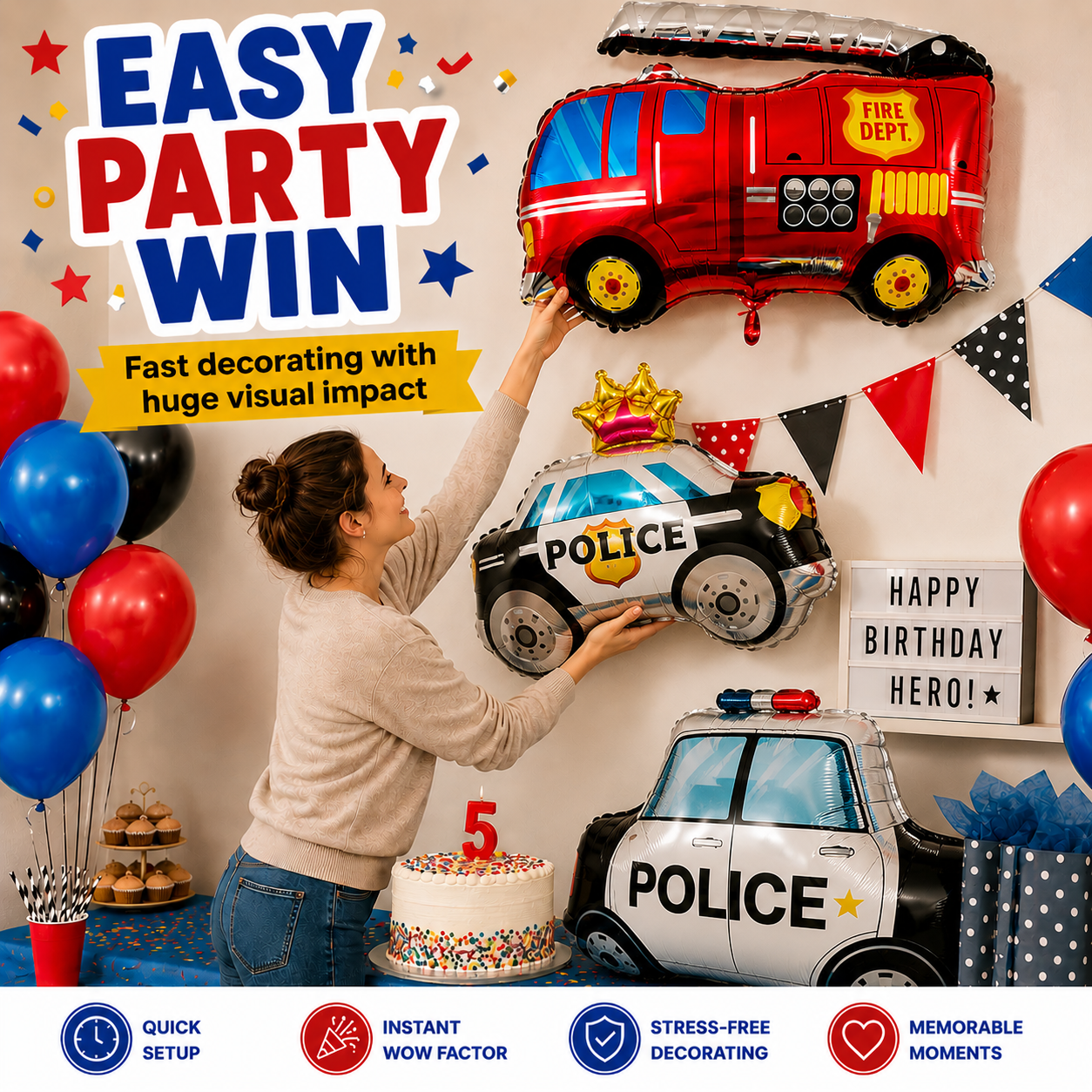 Fire Truck & Police Car Balloon Set – Foil Party Decor (3-Piece Set)