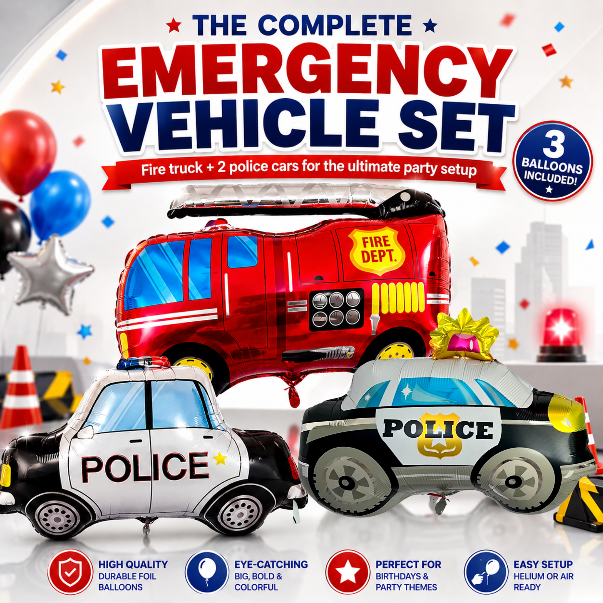 Fire Truck & Police Car Balloon Set – Foil Party Decor (3-Piece Set)