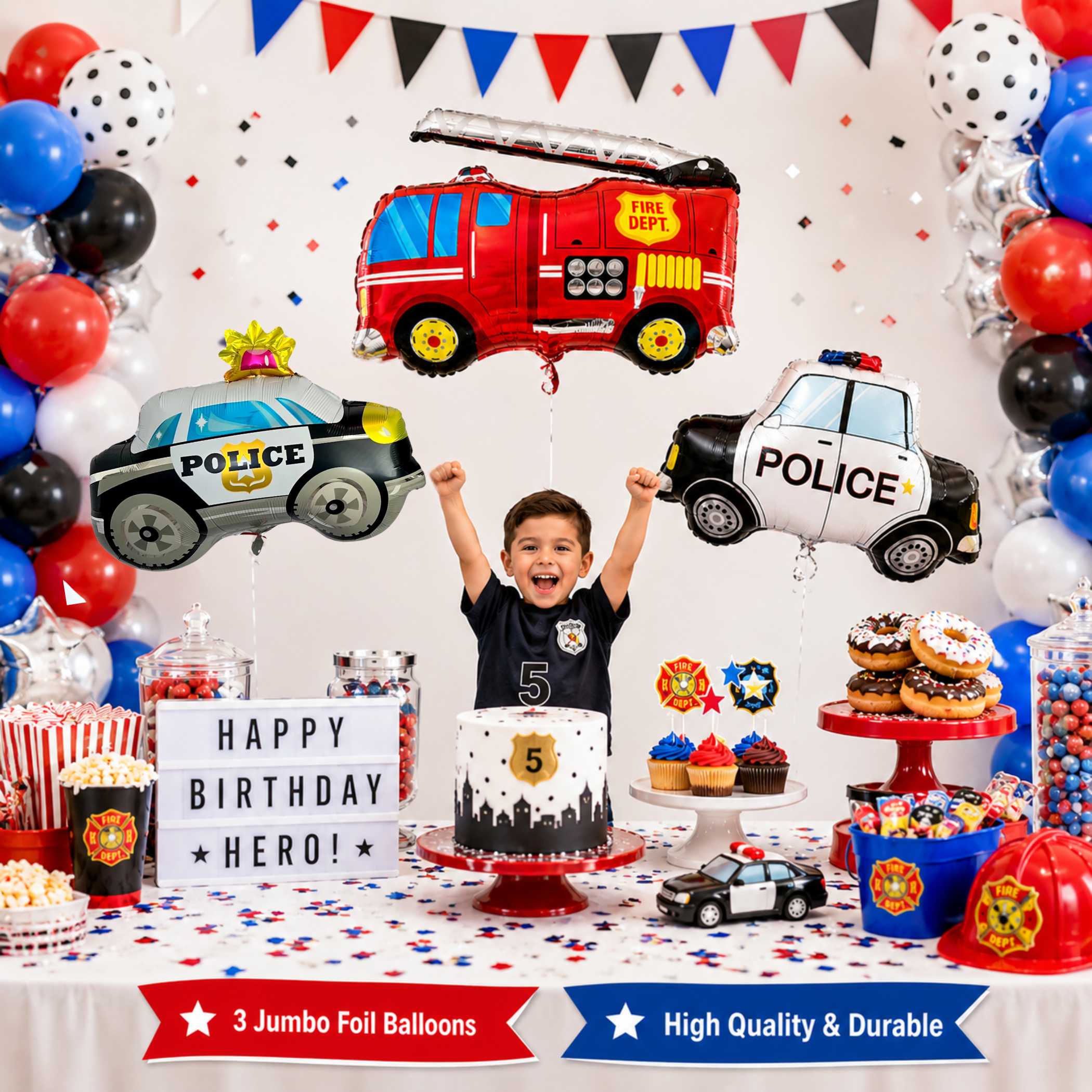 Fire Truck & Police Car Balloon Set – Foil Party Decor (3-Piece Set)