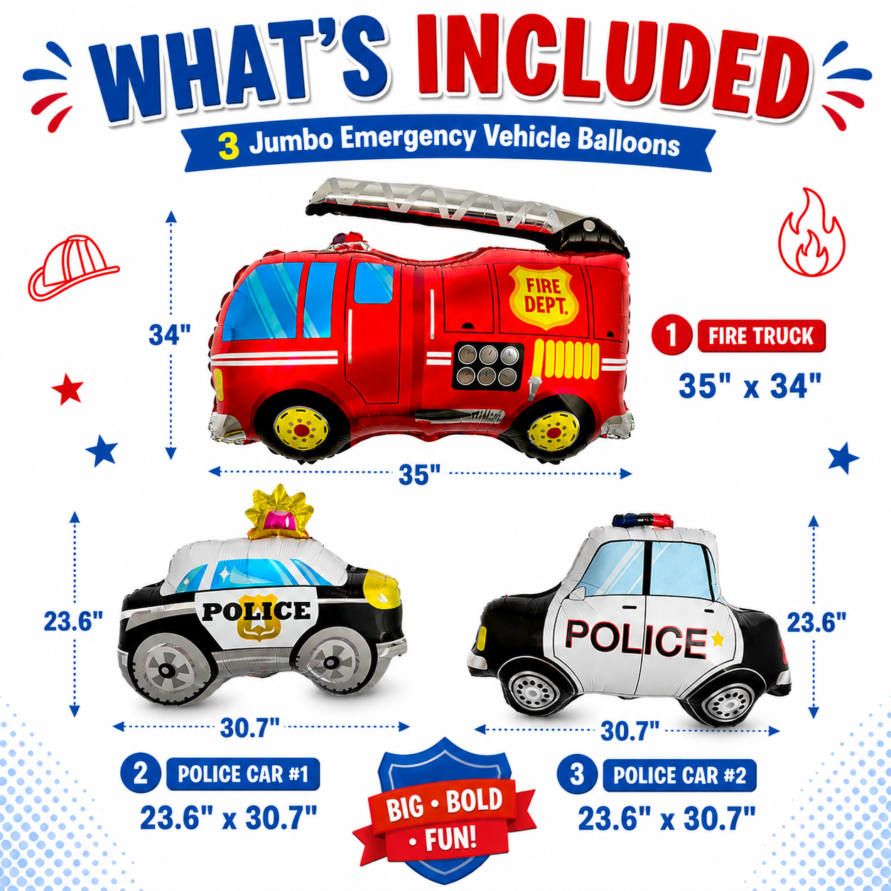 Fire Truck & Police Car Balloon Set – Foil Party Decor (3-Piece Set)