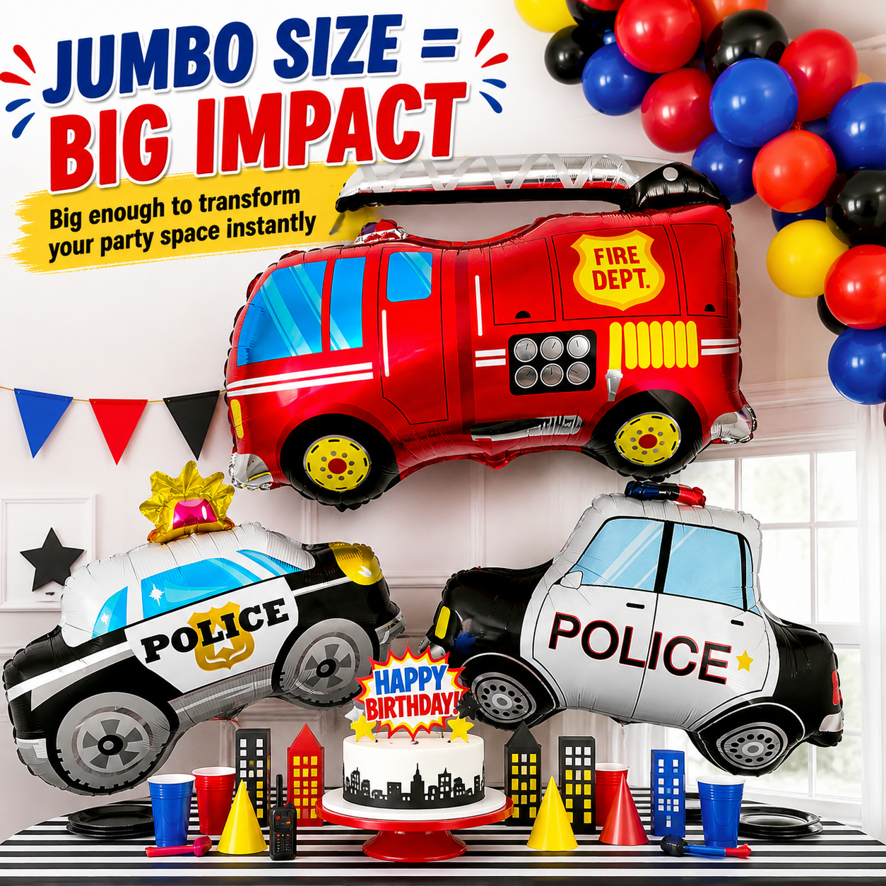 Fire Truck & Police Car Balloon Set – Foil Party Decor (3-Piece Set)