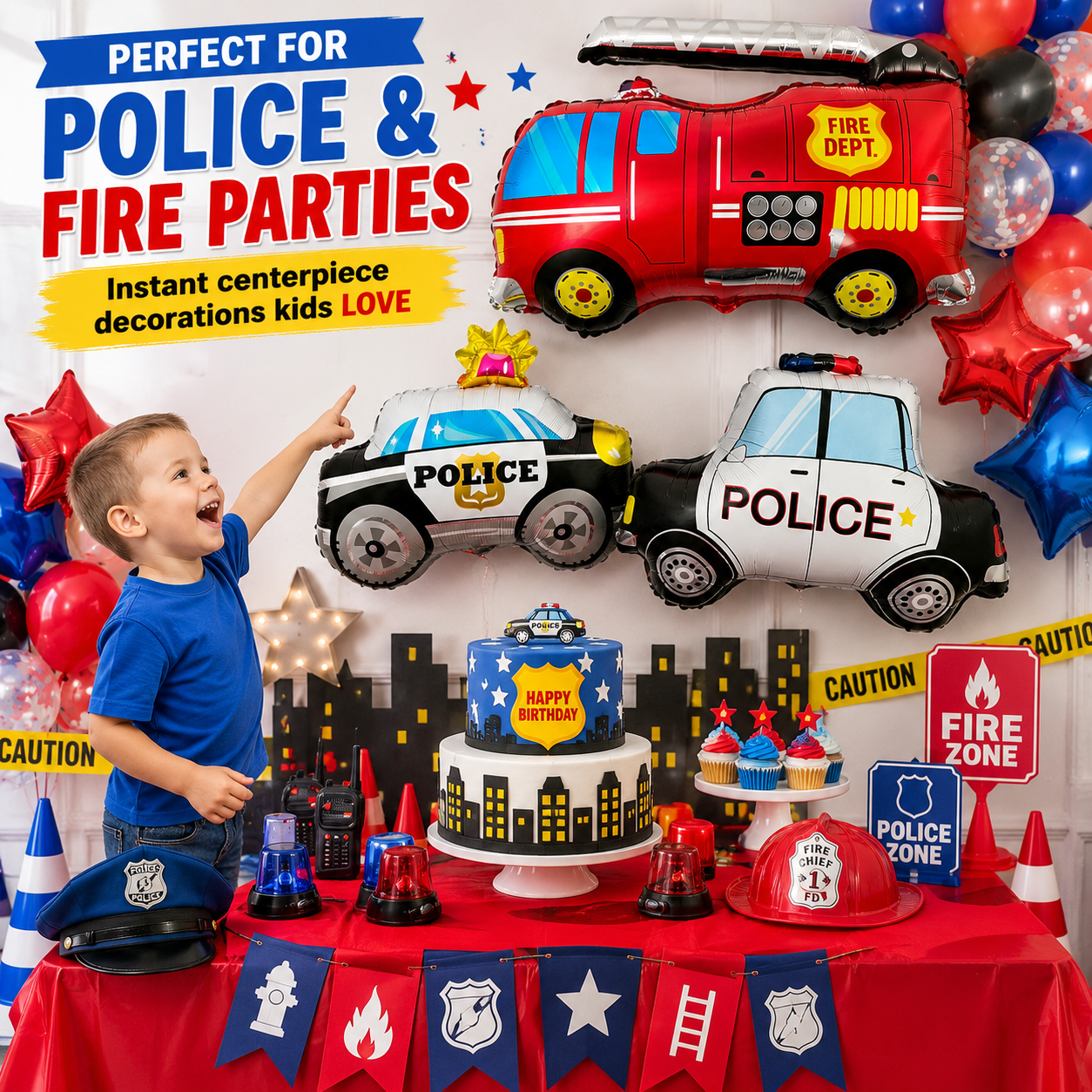 Fire Truck & Police Car Balloon Set – Foil Party Decor (3-Piece Set)