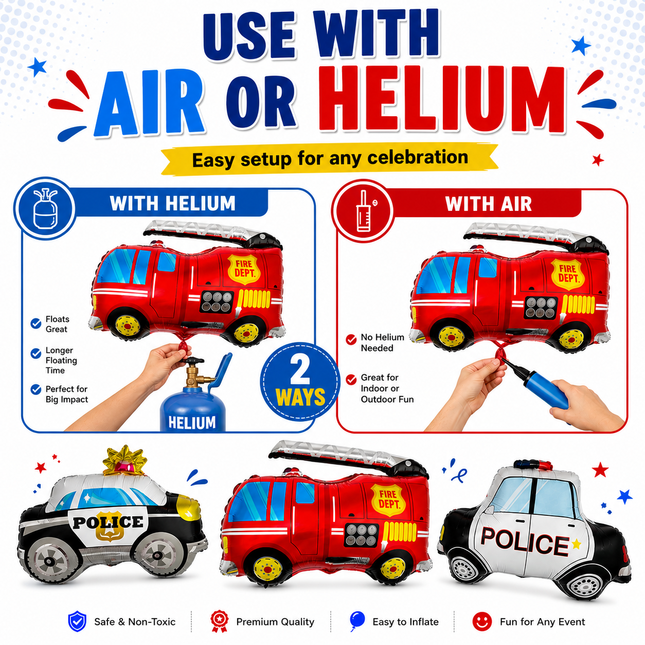 Fire Truck & Police Car Balloon Set – Foil Party Decor (3-Piece Set)