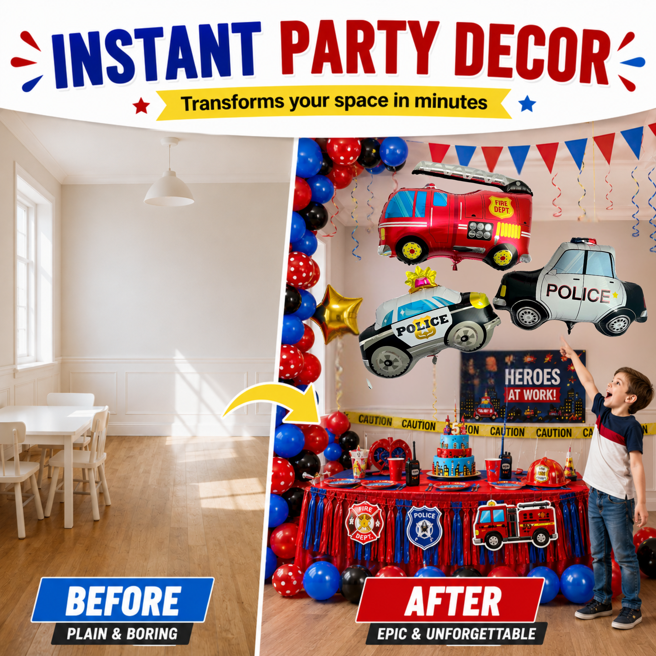 Fire Truck & Police Car Balloon Set – Foil Party Decor (3-Piece Set)