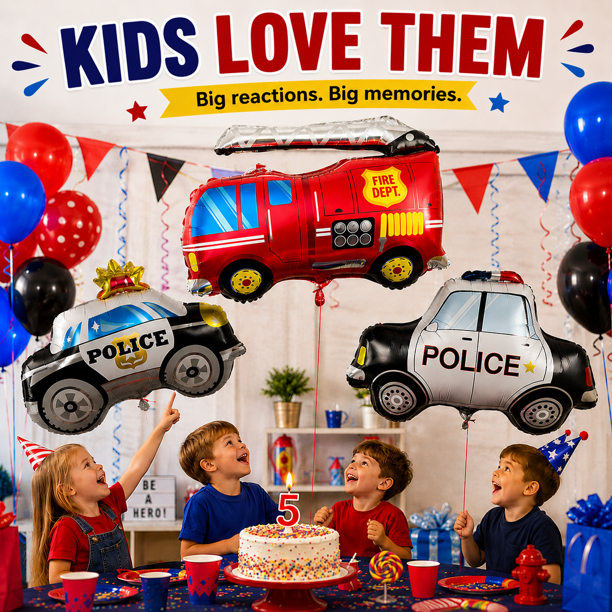 Fire Truck & Police Car Balloon Set – Foil Party Decor (3-Piece Set)