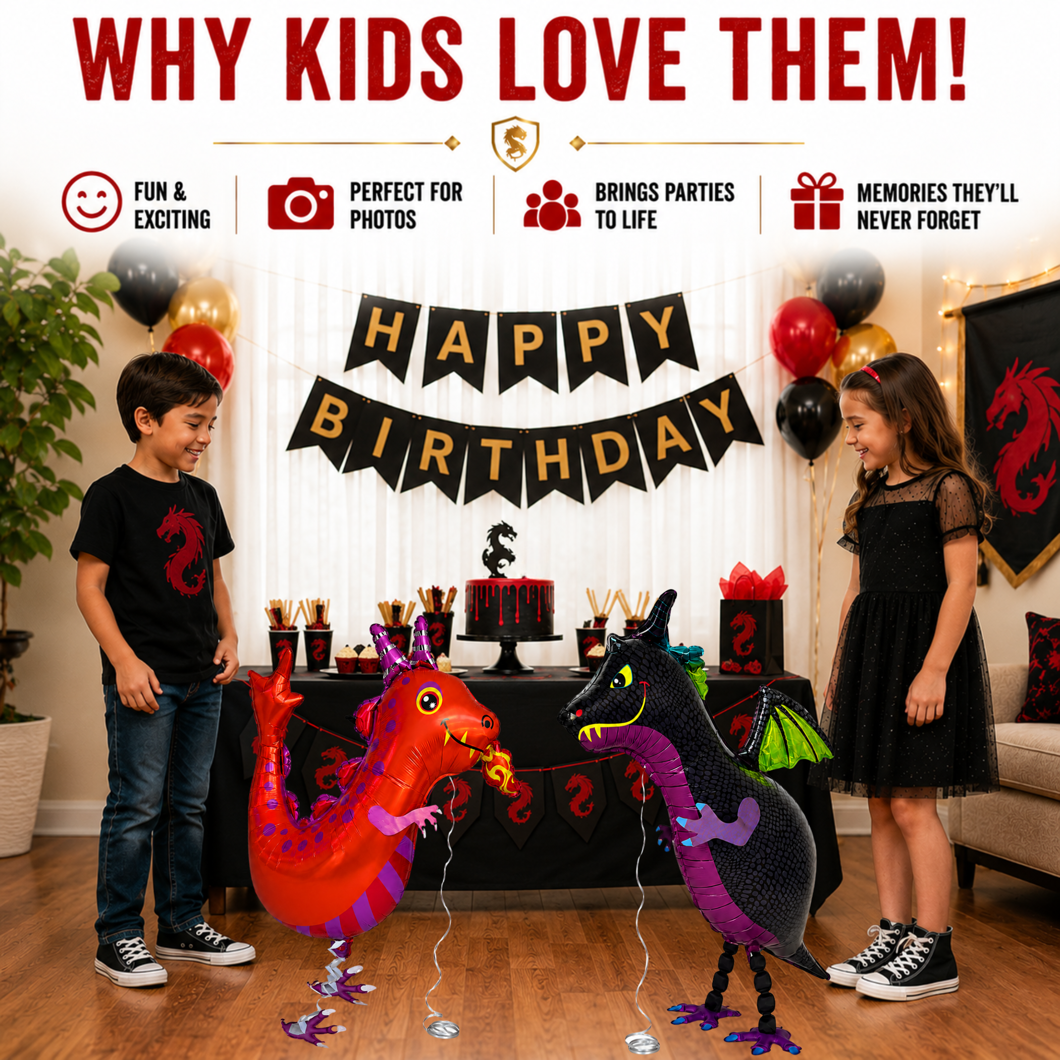 Black and Red Walking Dragon Balloons Set of 2
