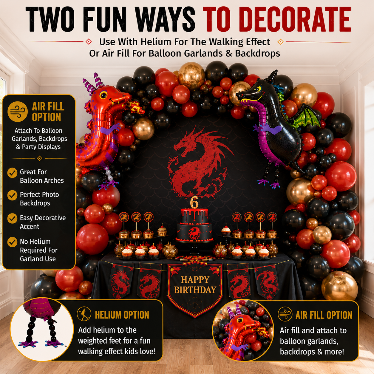 Black and Red Walking Dragon Balloons Set of 2