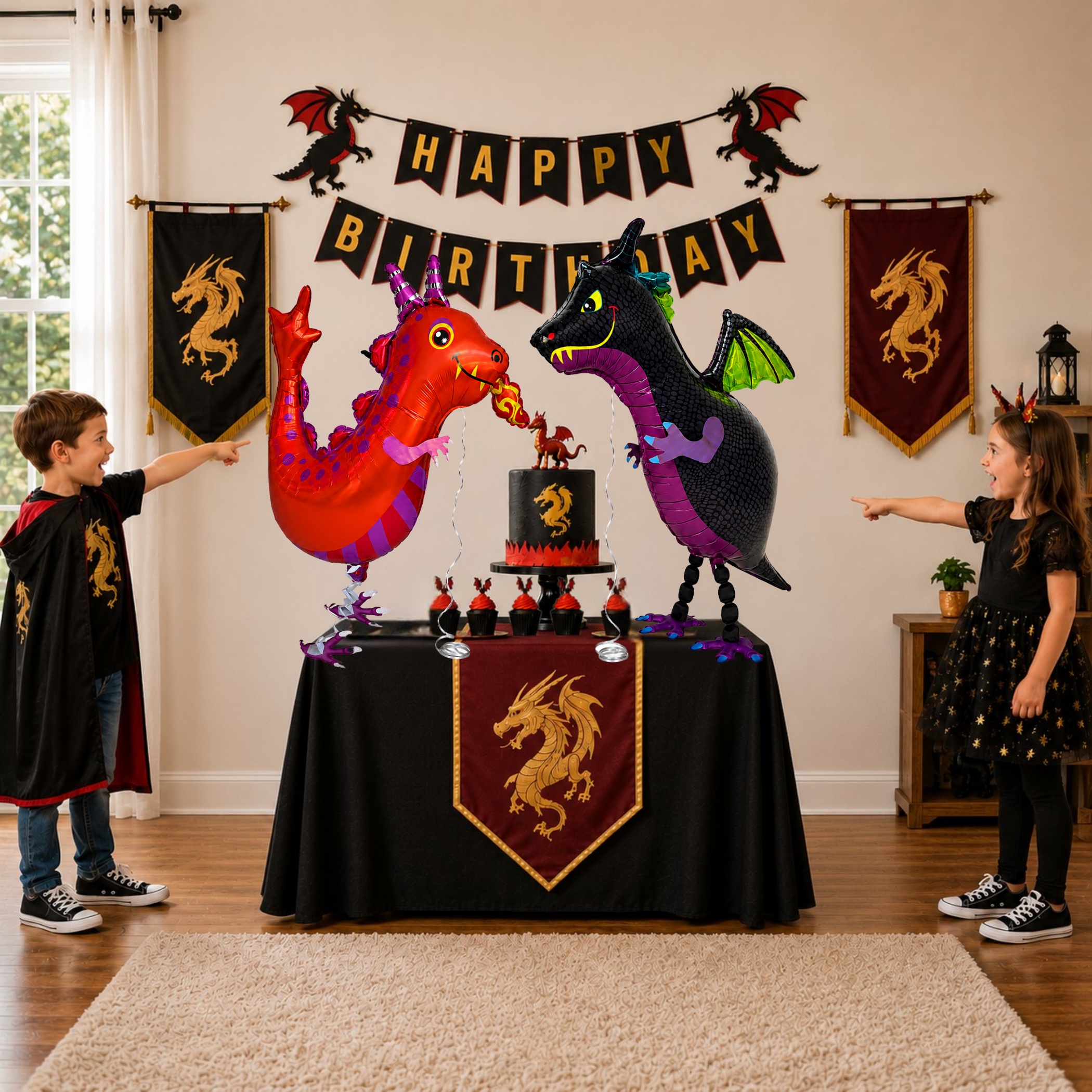 Black and Red Walking Dragon Balloons Set of 2